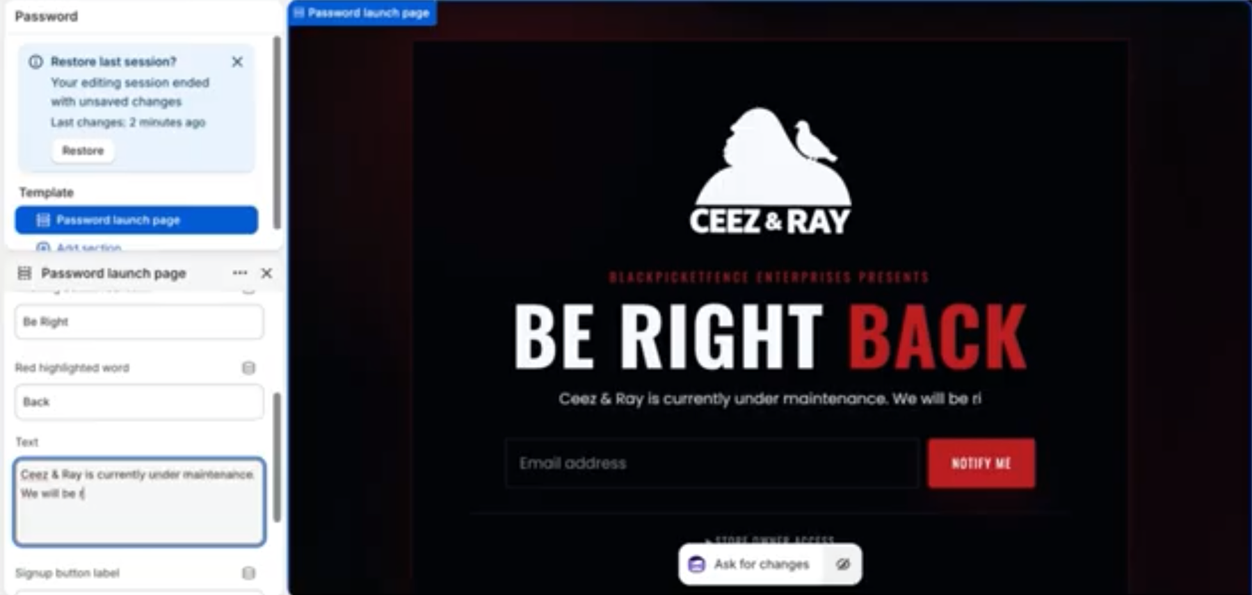 Password Page /  Maintenance